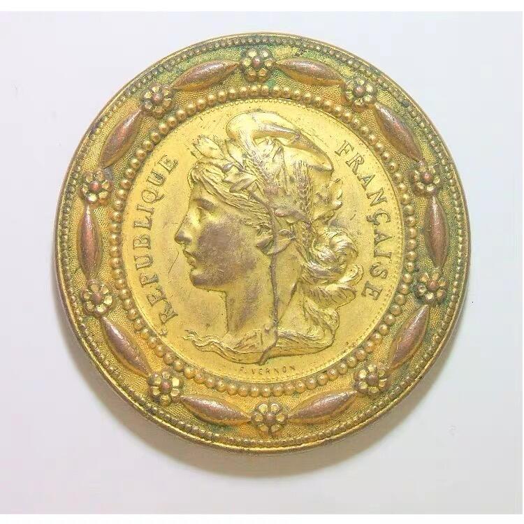法国1899年 谷物女神+自由女神高浮雕精制大镀金章 50MM