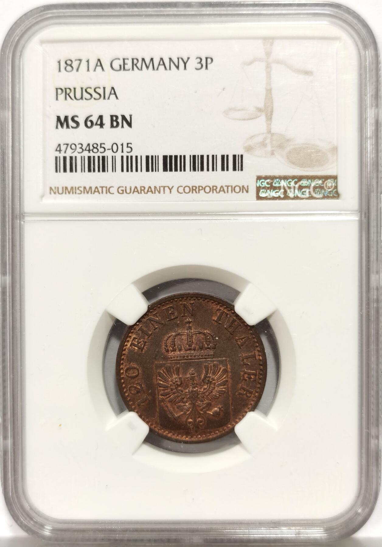 博洋堂世界钱币拍卖第165期（全场包邮） NGC MS64BN 德国普鲁士1871年3芬尼铜币