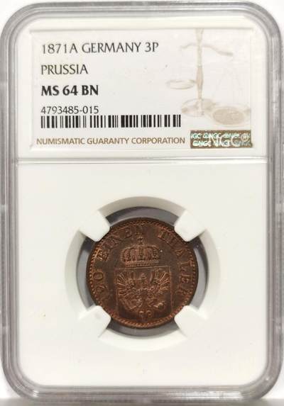 博洋堂世界钱币拍卖第165期（全场包邮） - NGC MS64BN 德国普鲁士1871年3芬尼铜币