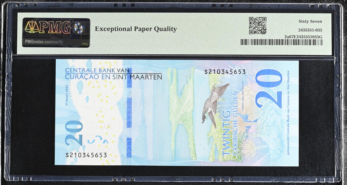 《艾美收藏》第237期-3.22周日外币强钞白金场 库拉索和圣马丁2025年首发S2冠20盾PMG67E季军分 海洋题材 Pick#2a