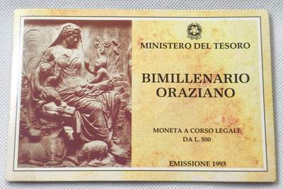 甄臻铺-世界币章拍卖（第55期），3月28日甄品场（直播拍卖）拍品征集中，送拍享返佣金等优惠多多 - 1993年意大利500里拉银币，赫拉提乌斯2000周年，卡装