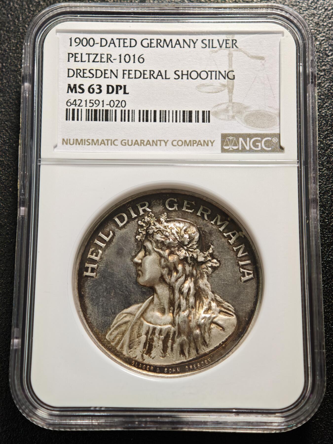 【德藏】世界币章拍卖第168期（拍品征集中~欢迎藏友联系） 1900年 德国德累斯顿联邦射击节高浮雕女神类镜面纪念银章 NGC MS63DPL 原盒 稀少品种！