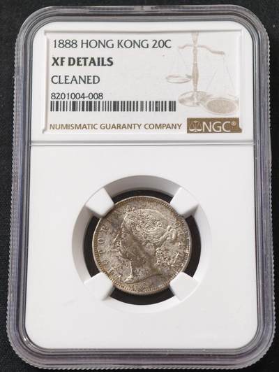 甄臻铺-世界币章拍卖（第55期），3月28日甄品场（直播拍卖）拍品征集中，送拍享返佣金等优惠多多 - NGC-XF 香港1888年维多利亚女王贰毫银币 原味包浆 吉祥年份