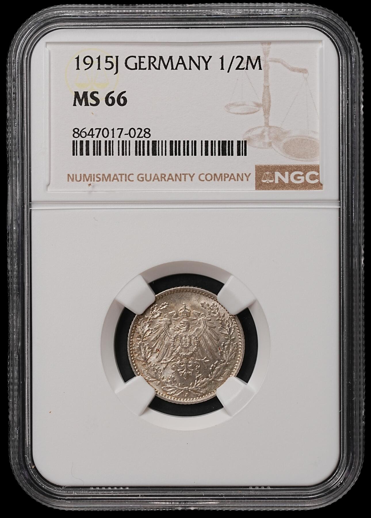 修遠堂世界钱币第108期 NGC MS66 1915年德国1/2马克银币，J厂铭