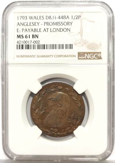 博洋堂世界钱币拍卖第165期（全场包邮） - NGC MS61BN 英国威尔士安格尔西郡1793年1/2便士代用币