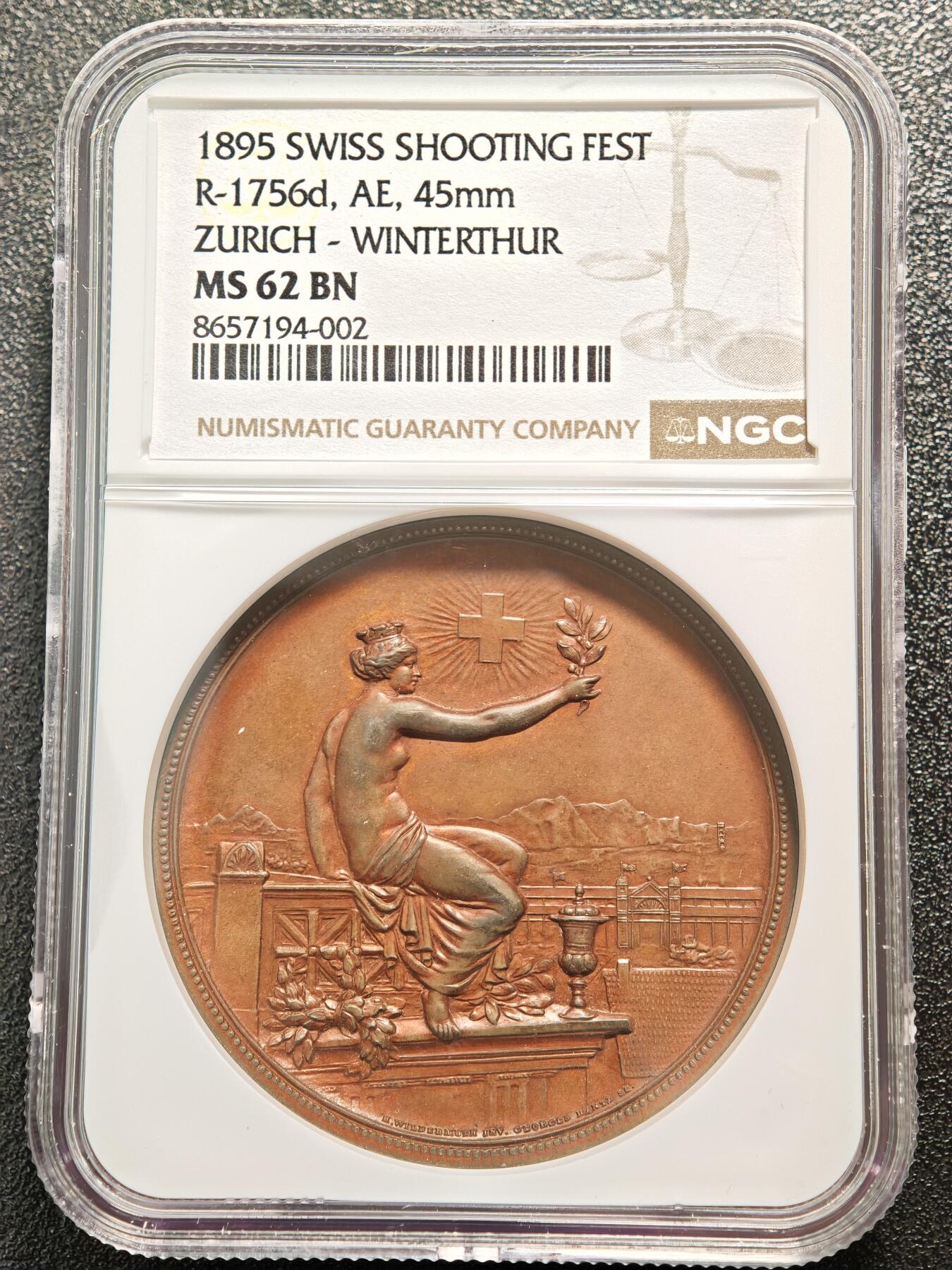 【德藏】世界币章拍卖第168期（拍品征集中~欢迎藏友联系） 1895年 瑞士温特图尔射击节女神纪念铜章 NGC MS62BN 瑞士射击节必备经典品种 包浆温润 状态极佳