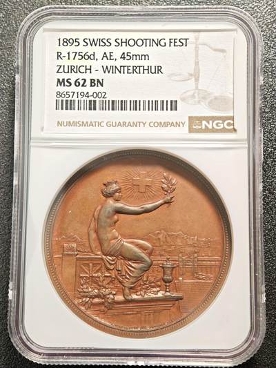 【德藏】世界币章拍卖第168期（拍品征集中~欢迎藏友联系） - 1895年 瑞士温特图尔射击节女神纪念铜章 NGC MS62BN 瑞士射击节必备经典品种 包浆温润 状态极佳