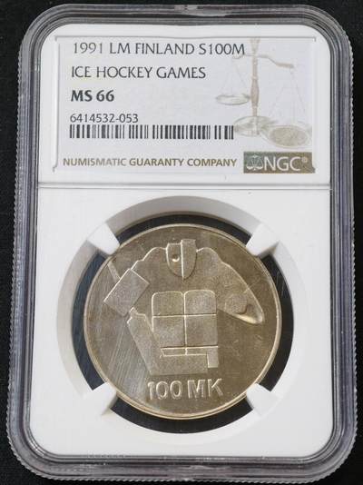 甄臻铺-世界币章拍卖（第55期），3月28日甄品场（直播拍卖）拍品征集中，送拍享返佣金等优惠多多 - 1991年芬兰冰球世锦赛100马克银币24克830银
