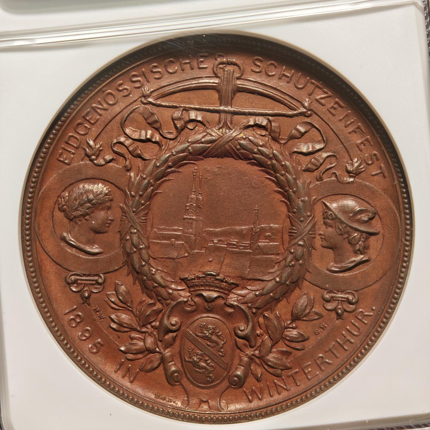 【德藏】世界币章拍卖第168期（拍品征集中~欢迎藏友联系） 1895年 瑞士温特图尔射击节女神纪念铜章 NGC MS62BN 瑞士射击节必备经典品种 包浆温润 状态极佳