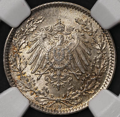 修遠堂世界钱币第108期 - NGC MS65 1918年德国1/2马克银币 D厂铭