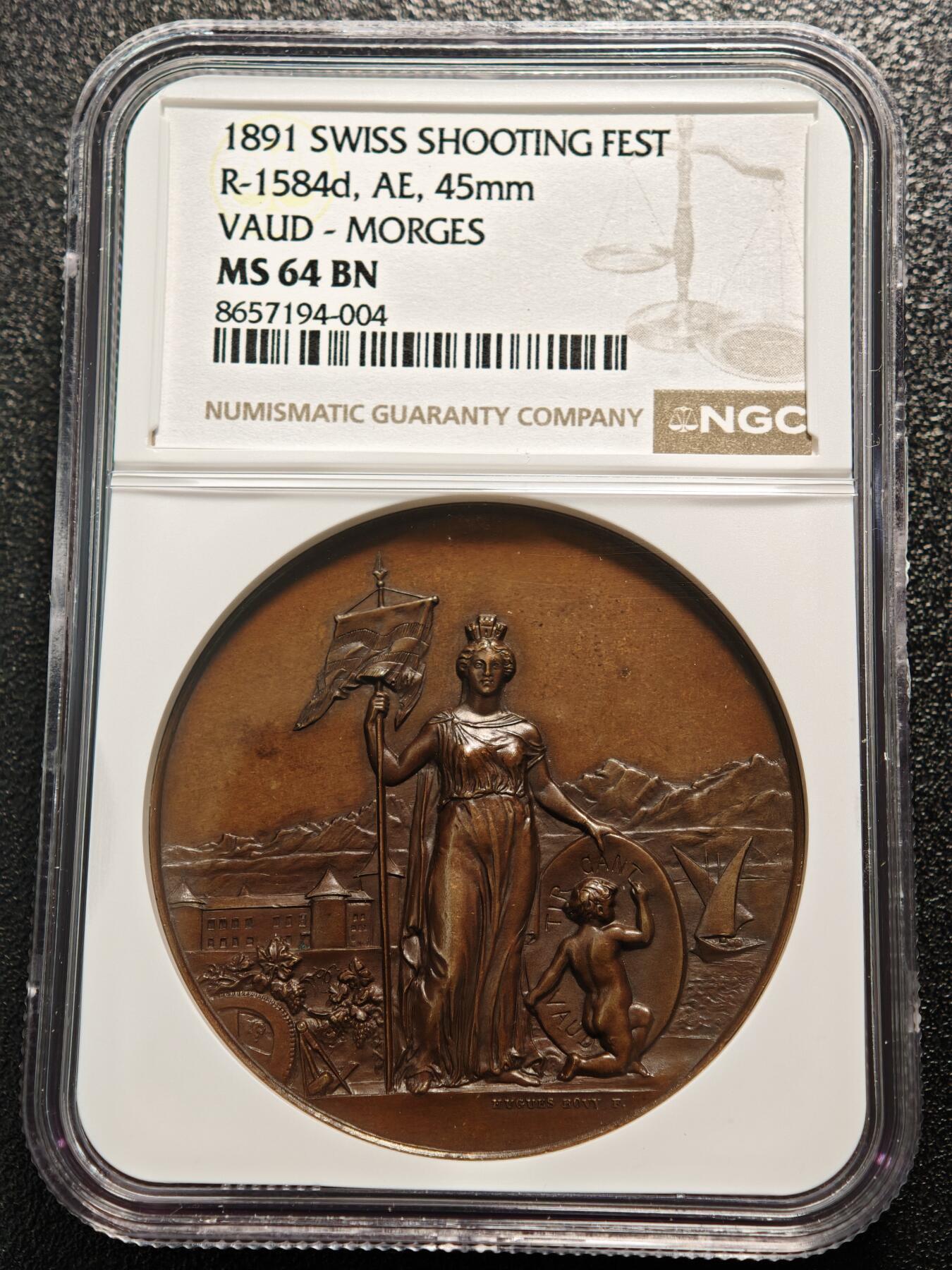 【德藏】世界币章拍卖第168期（拍品征集中~欢迎藏友联系） 1891年 瑞士沃州射击节高浮雕纪念铜章 NGC MS64BN 浮雕感极强 包浆温润