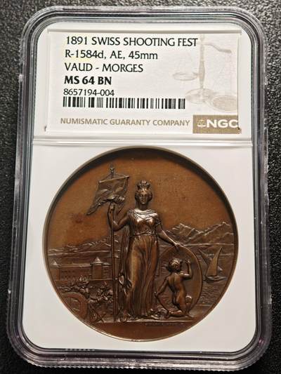 【德藏】世界币章拍卖第168期（拍品征集中~欢迎藏友联系） - 1891年 瑞士沃州射击节高浮雕纪念铜章 NGC MS64BN 浮雕感极强 包浆温润
