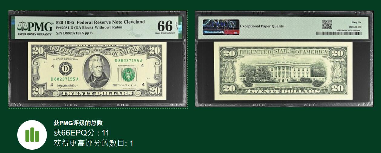 《艾美收藏》第237期-3.22周日外币强钞白金场 1995年小头版20美元稀少克利夫兰首发A冠PMG66E亚军分无4 冠军67分仅1张