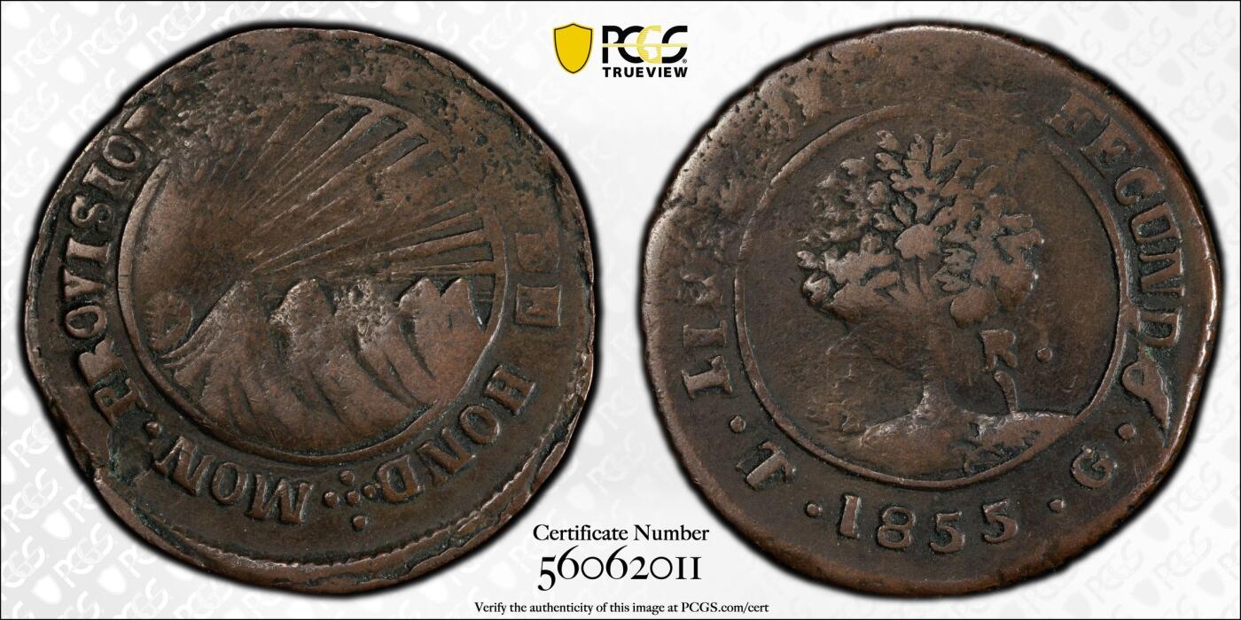 博洋堂世界钱币拍卖第165期（全场包邮） PCGS VF25 洪都拉斯1855年太阳脸小树4里亚尔铜币，罕见品种，仅有1枚更高分，名家旧藏