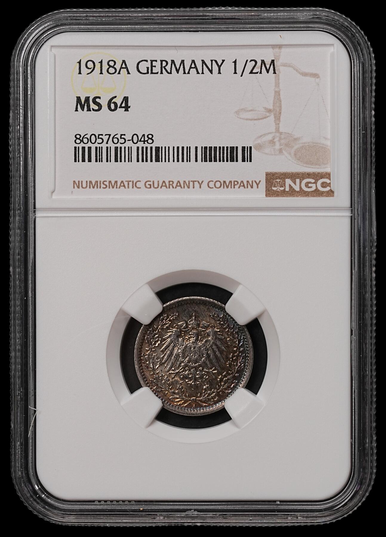 修遠堂世界钱币第108期 NGC MS64 1918年德国1/2马克银币 A厂铭 黑五彩