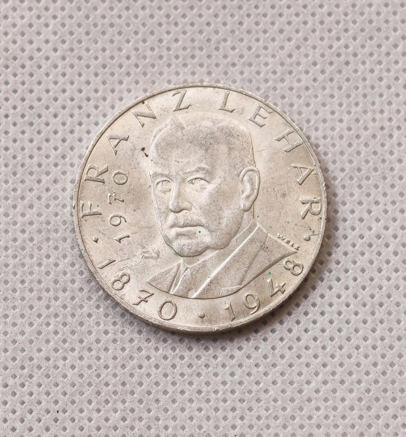 甄臻铺-世界币章拍卖（第55期），3月28日甄品场（直播拍卖）拍品征集中，送拍享返佣金等优惠多多 1970年奥地利作曲家莱哈尔25先令13克800银