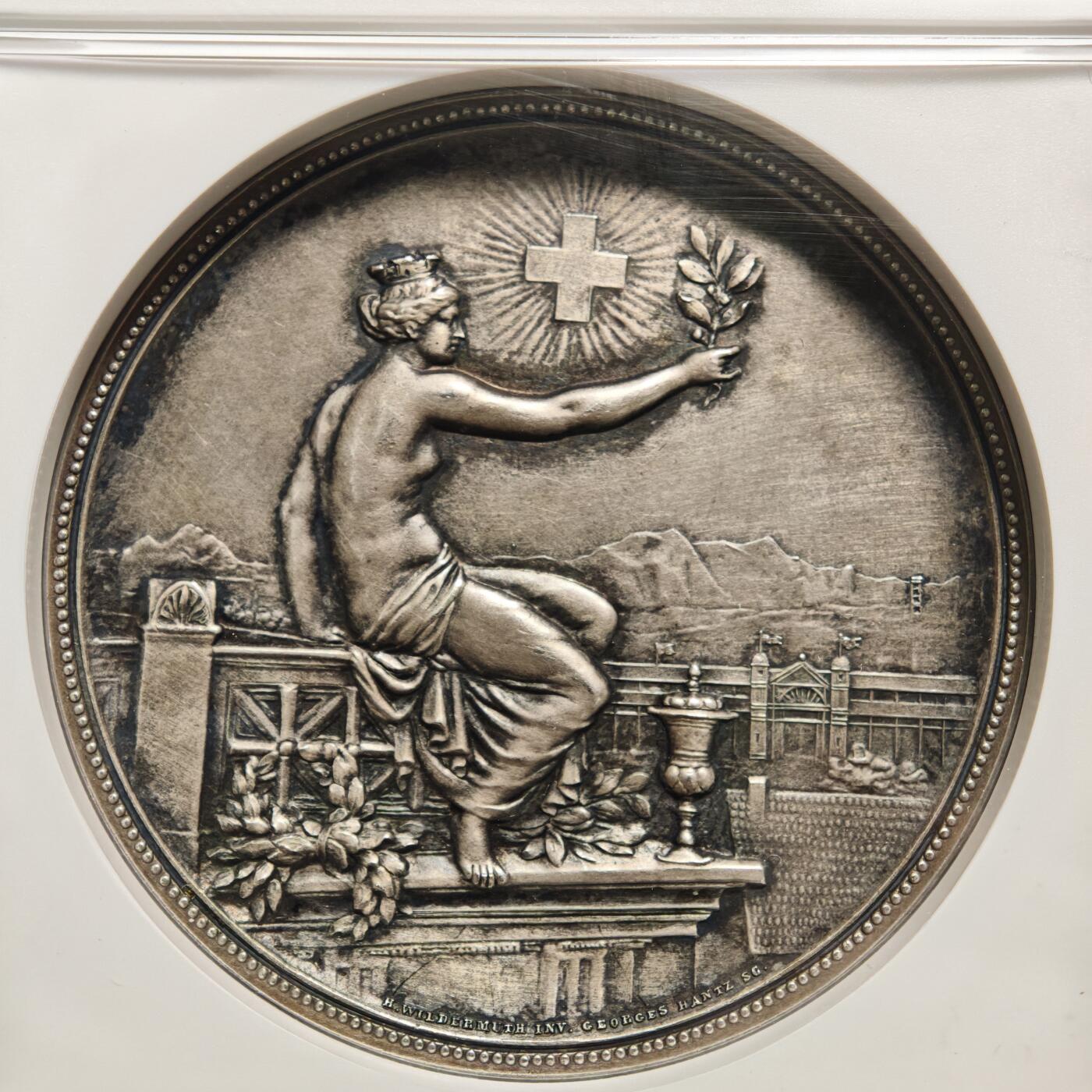 【德藏】世界币章拍卖第168期（拍品征集中~欢迎藏友联系） 1895年 瑞士温特图尔射击节女神纪念银章 NGC MS61 瑞士射击节必备经典品种 原味包浆 状态极佳