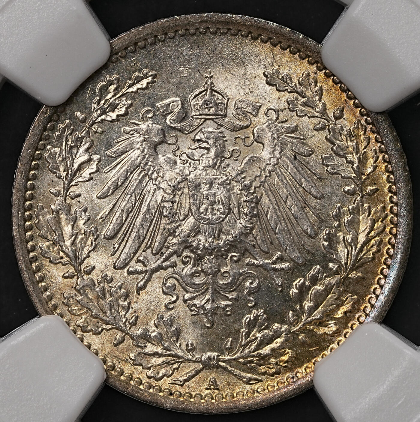 修遠堂世界钱币第108期 NGC MS65 1916年德国1/2马克银币 A厂铭，淡彩