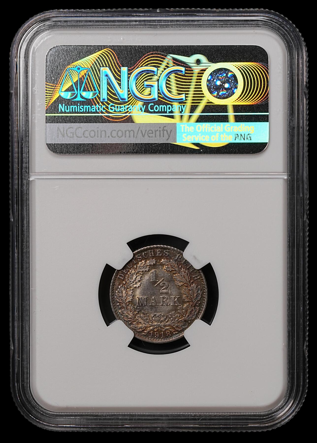 修遠堂世界钱币第108期 NGC MS65 1918年德国1/2马克银币 A厂铭 黑五彩