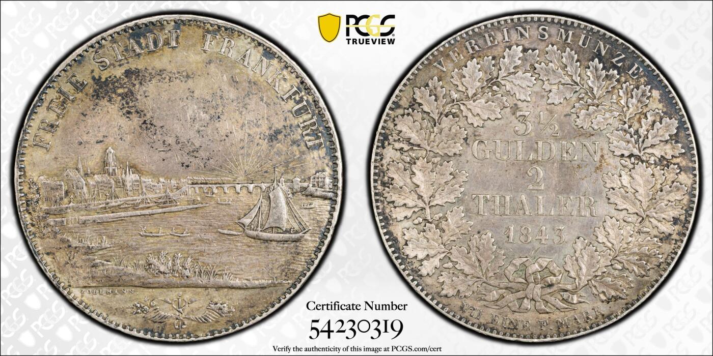 博洋堂世界钱币拍卖第165期（全场包邮） PCGS AU 德国法兰克福1843年城市景观2泰勒大银币