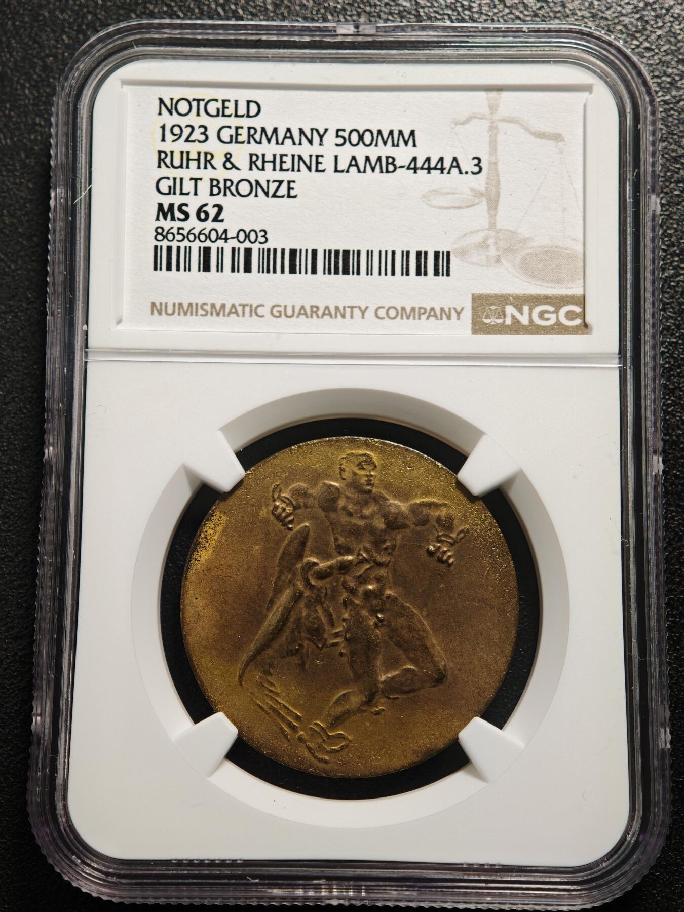 【德藏】世界币章拍卖第168期（拍品征集中~欢迎藏友联系） 1923年 德国德紧时期鲁尔与莱茵地区5亿马克镀金铜币 名家卡尔歌茨作品 NGC MS62 名家作品 值得拥有