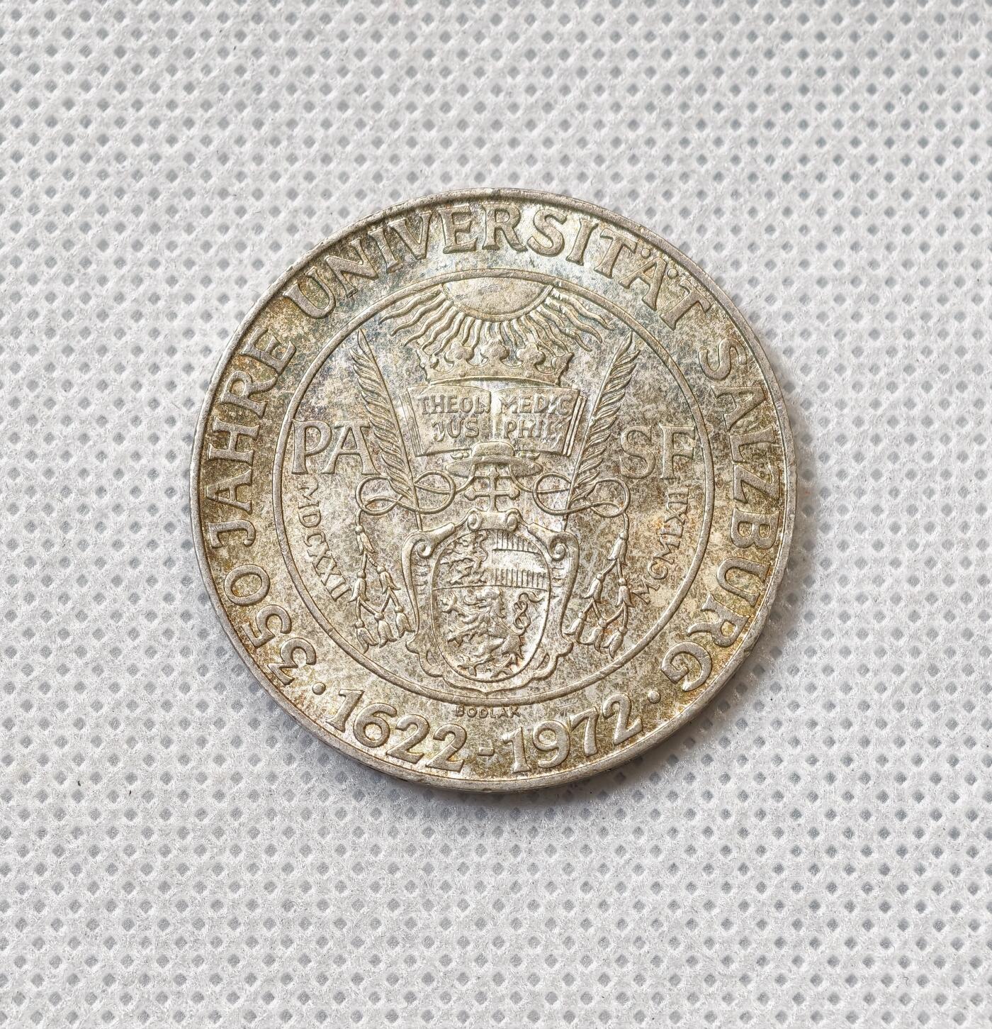 甄臻铺-世界币章拍卖（第55期），3月28日甄品场（直播拍卖）拍品征集中，送拍享返佣金等优惠多多 1972年奥地利50先令银币，主题为萨尔茨堡大学成立350周年20克900银含量