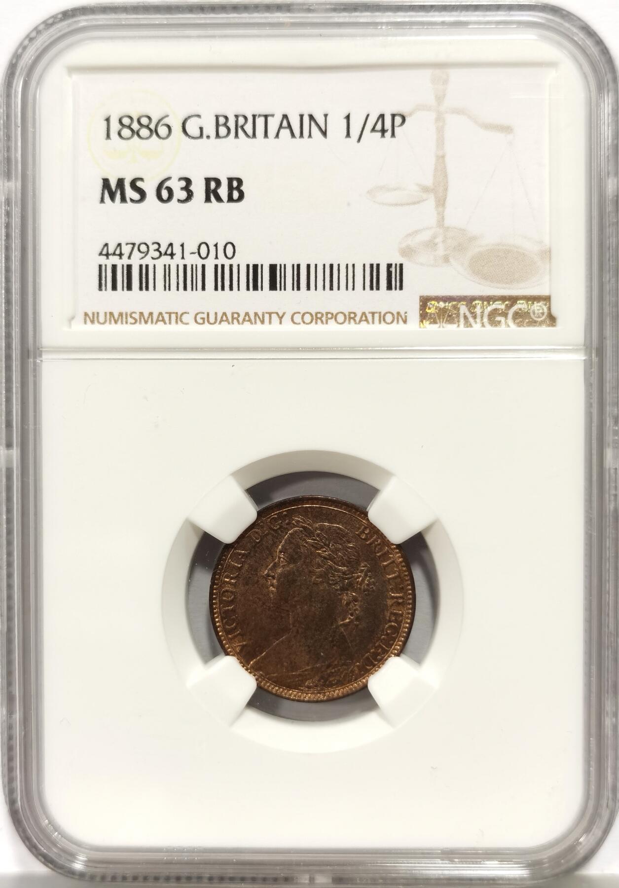 博洋堂世界钱币拍卖第165期（全场包邮） NGC MS63RB 英国1886年维多利亚1/4便士铜币