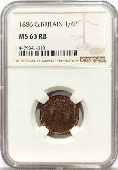 博洋堂世界钱币拍卖第165期（全场包邮） - NGC MS63RB 英国1886年维多利亚1/4便士铜币