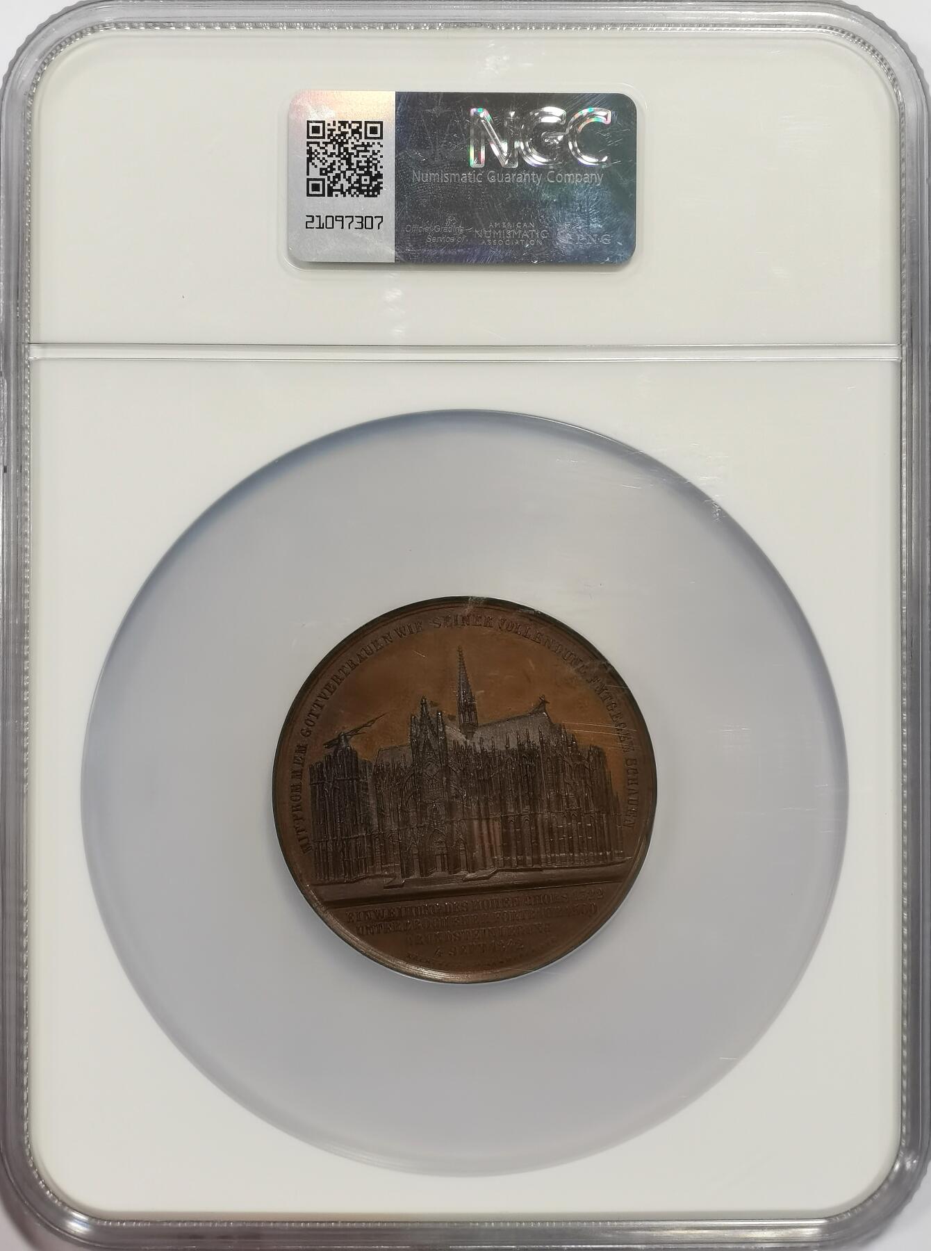 博洋堂世界钱币拍卖第165期（全场包邮） NGC MS63BN 德国1842年科隆大教堂纪念大铜章，50mm，1842年是其建设史上的一个重要节点：普鲁士国王腓特烈·威廉四世于1842年下令重启大教堂的建设，并投入大量资金与资源，最终于1880年完工