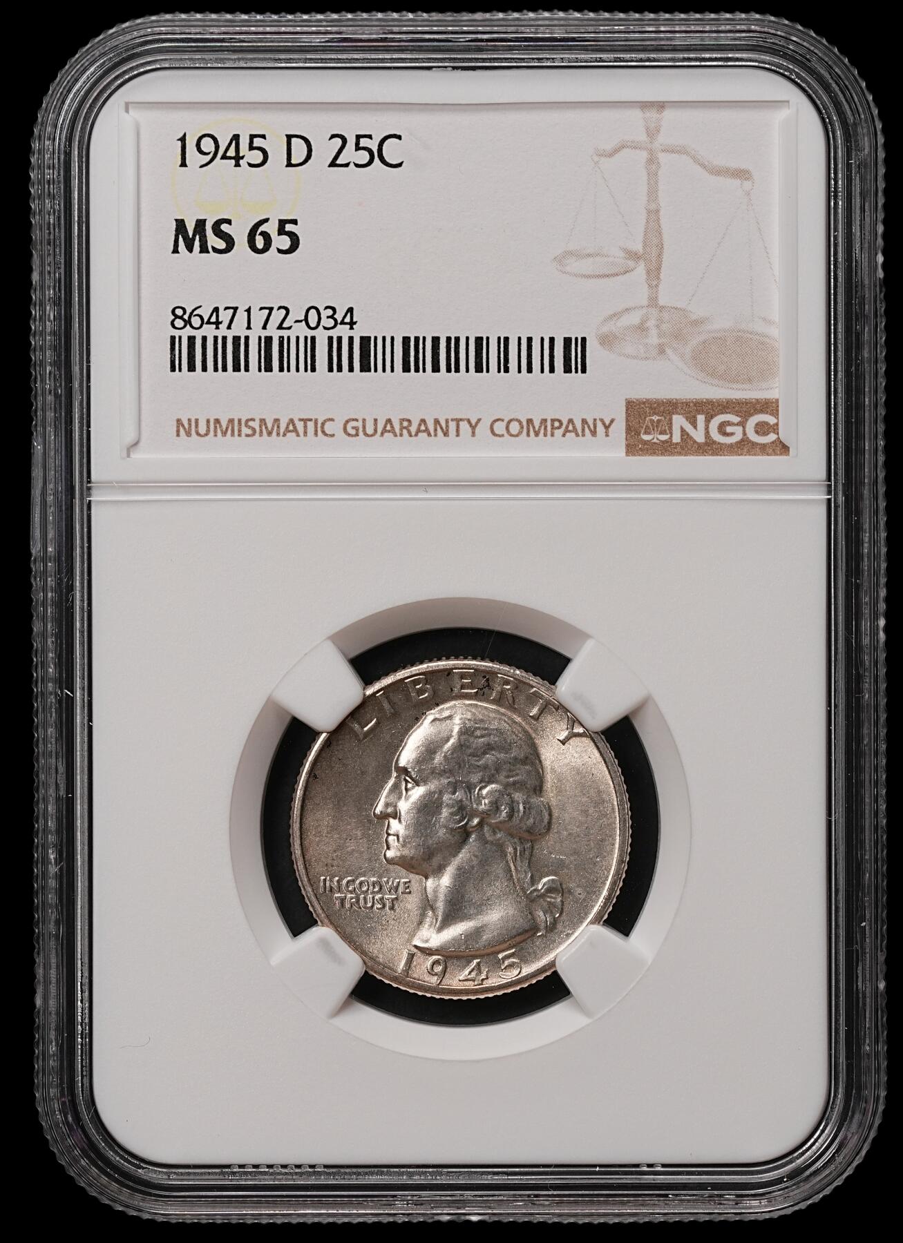 修遠堂世界钱币第108期 NGC MS65 1945年美国25美分银币，D厂铭