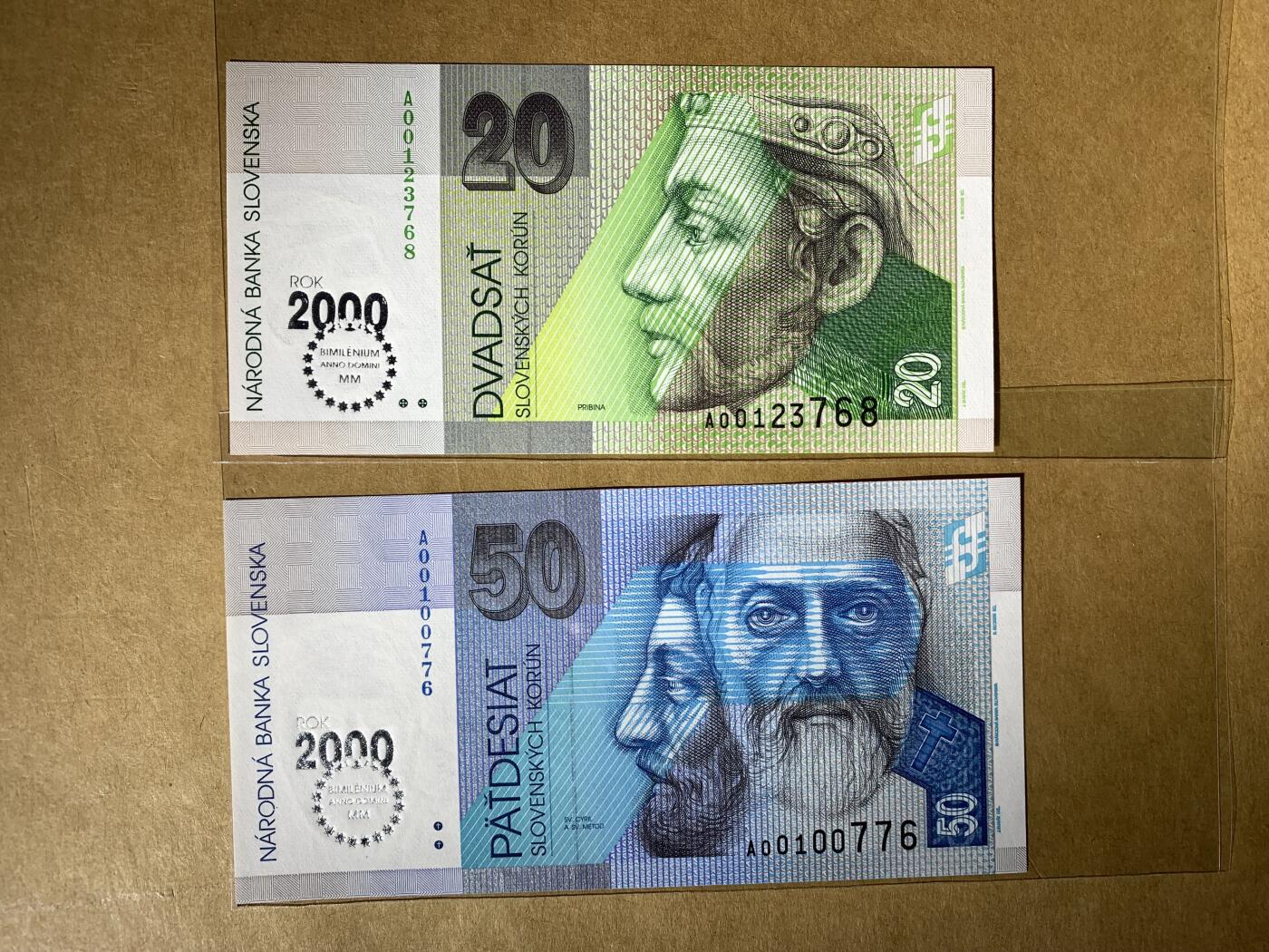 【礼羽收藏】🌏世界钱币拍卖第131期 全新UNC 斯洛伐克20、50克朗 无4号码 A冠