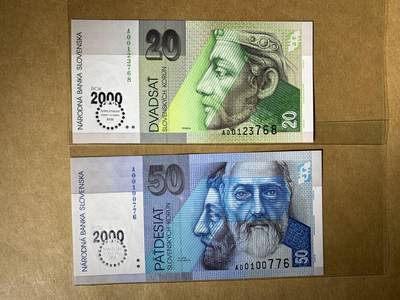 【礼羽收藏】🌏世界钱币拍卖第131期 - 全新UNC 斯洛伐克20、50克朗 无4号码 A冠