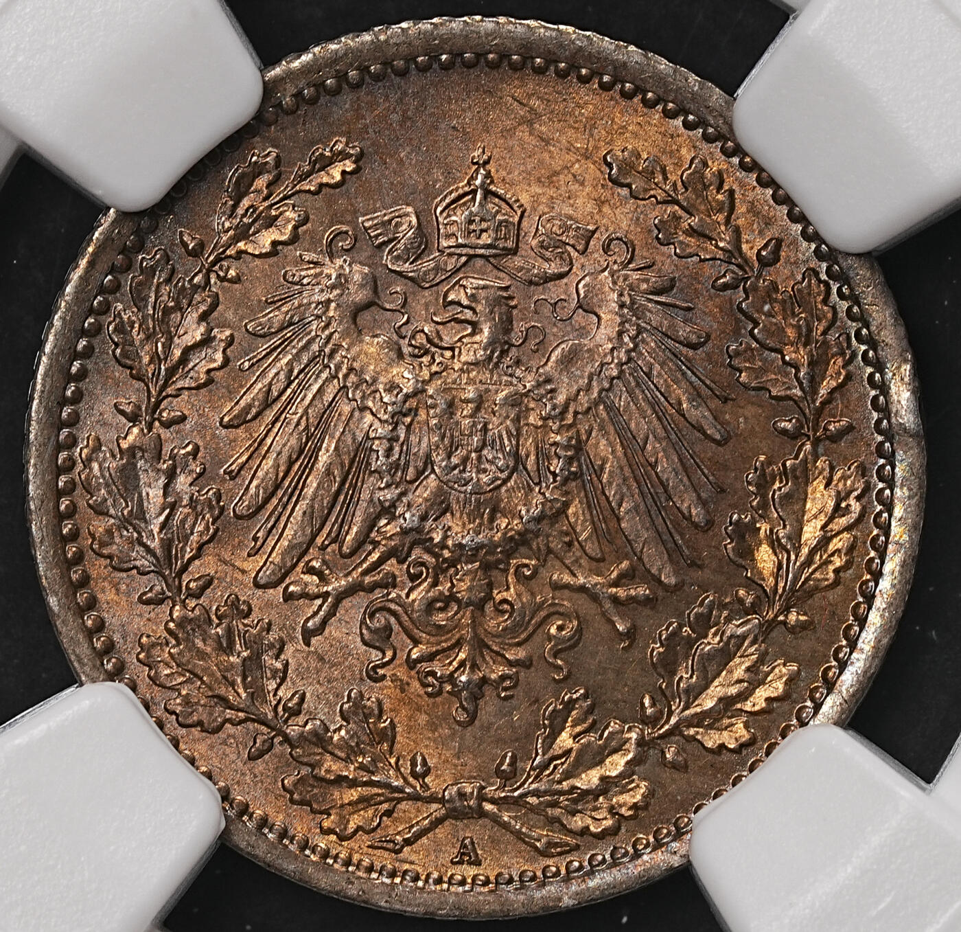 修遠堂世界钱币第108期 NGC MS64 1916年德国1/2马克银币，A厂铭，焦糖彩