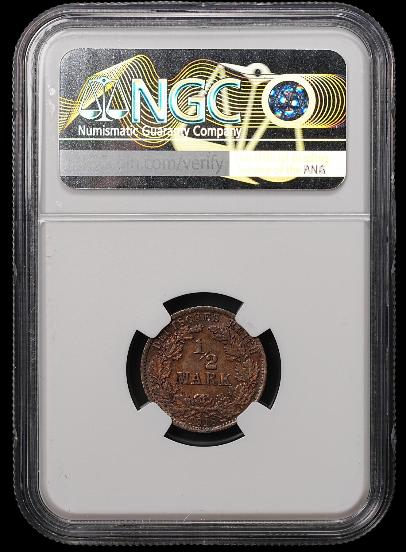 修遠堂世界钱币第108期 NGC MS64 1916年德国1/2马克银币，A厂铭，焦糖彩