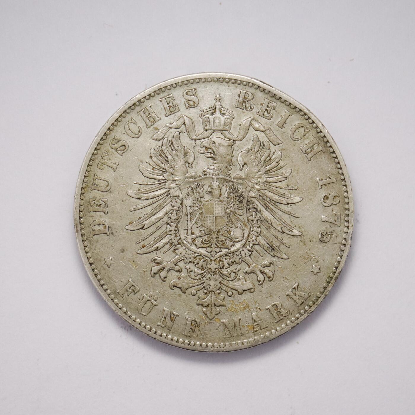 观钱 近现代机制币拍卖No.005（全场顺丰包邮，不区分偏远地区）  德国巴登大公国 1875 年弗里德里希一世 5 马克银币，喜欢裸币的朋友不要错过