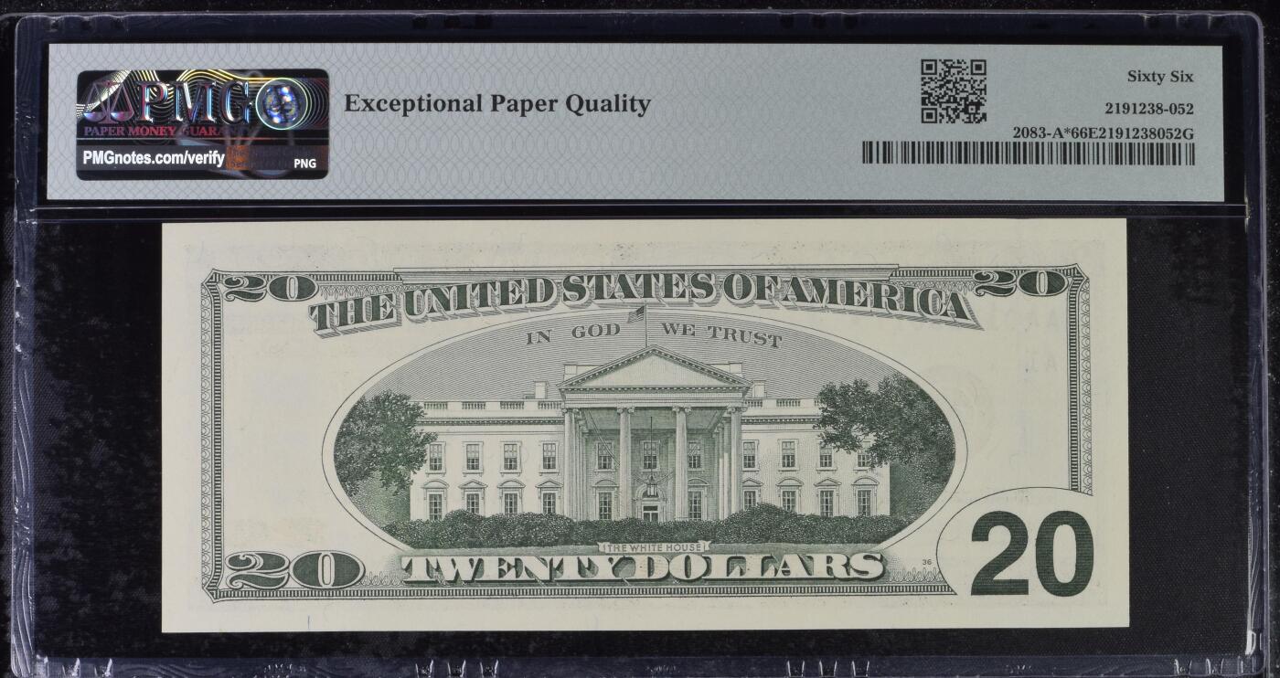 《艾美收藏》第237期-3.22周日外币强钞白金场 1996年大头版首发年份20美元星补号AA首发冠PMG66E亚军分4 冠军67分仅14张