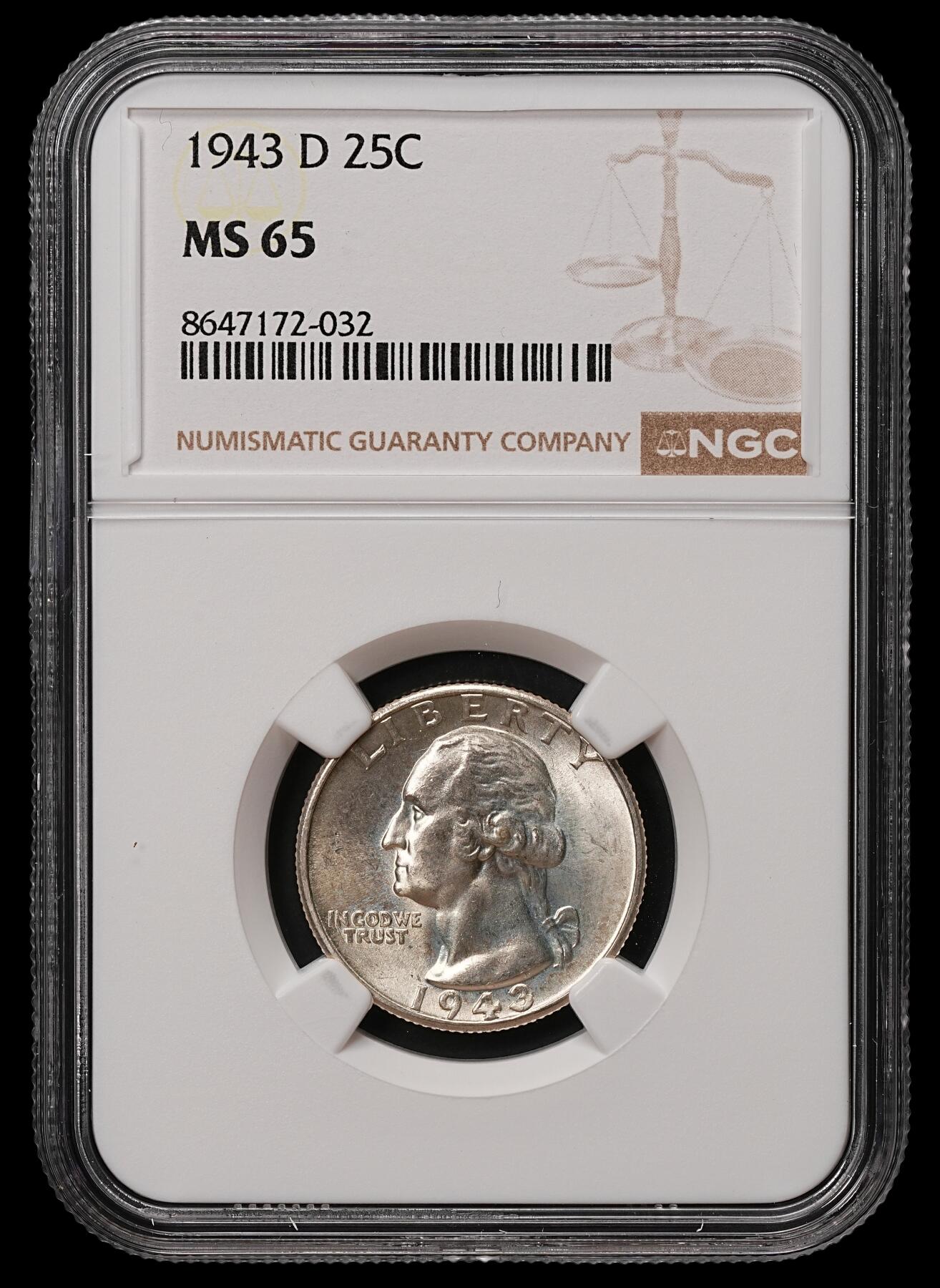 修遠堂世界钱币第108期 NGC MS65 1943年美国25美分银币，D厂铭