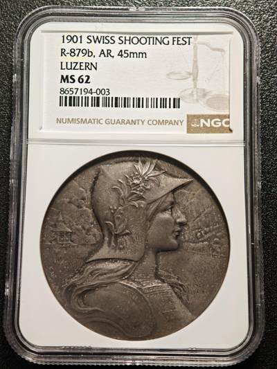 【德藏】世界币章拍卖第168期（拍品征集中~欢迎藏友联系） - 1901年 瑞士卢塞恩射击节纪念银章 NGC MS62 原味包浆 磨砂质感 经典品种