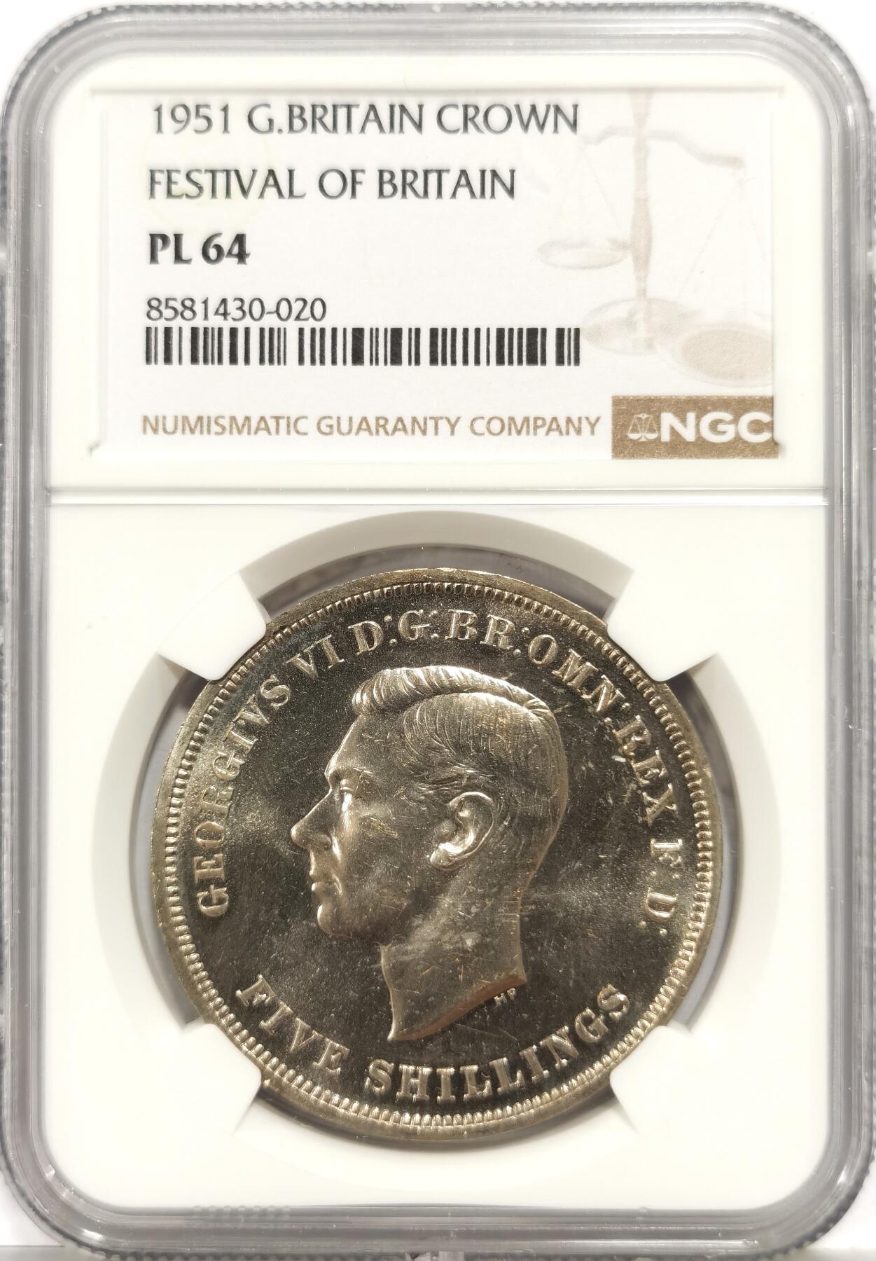 博洋堂世界钱币拍卖第165期（全场包邮） NGC PL64 英国1951年乔治六世镍马剑，币面清爽干净又舒适，转光强烈细节优秀，状态佳。