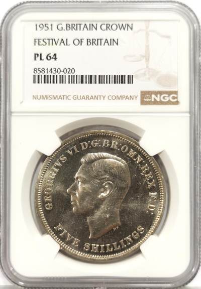 博洋堂世界钱币拍卖第165期（全场包邮） - NGC PL64 英国1951年乔治六世镍马剑，币面清爽干净又舒适，转光强烈细节优秀，状态佳。