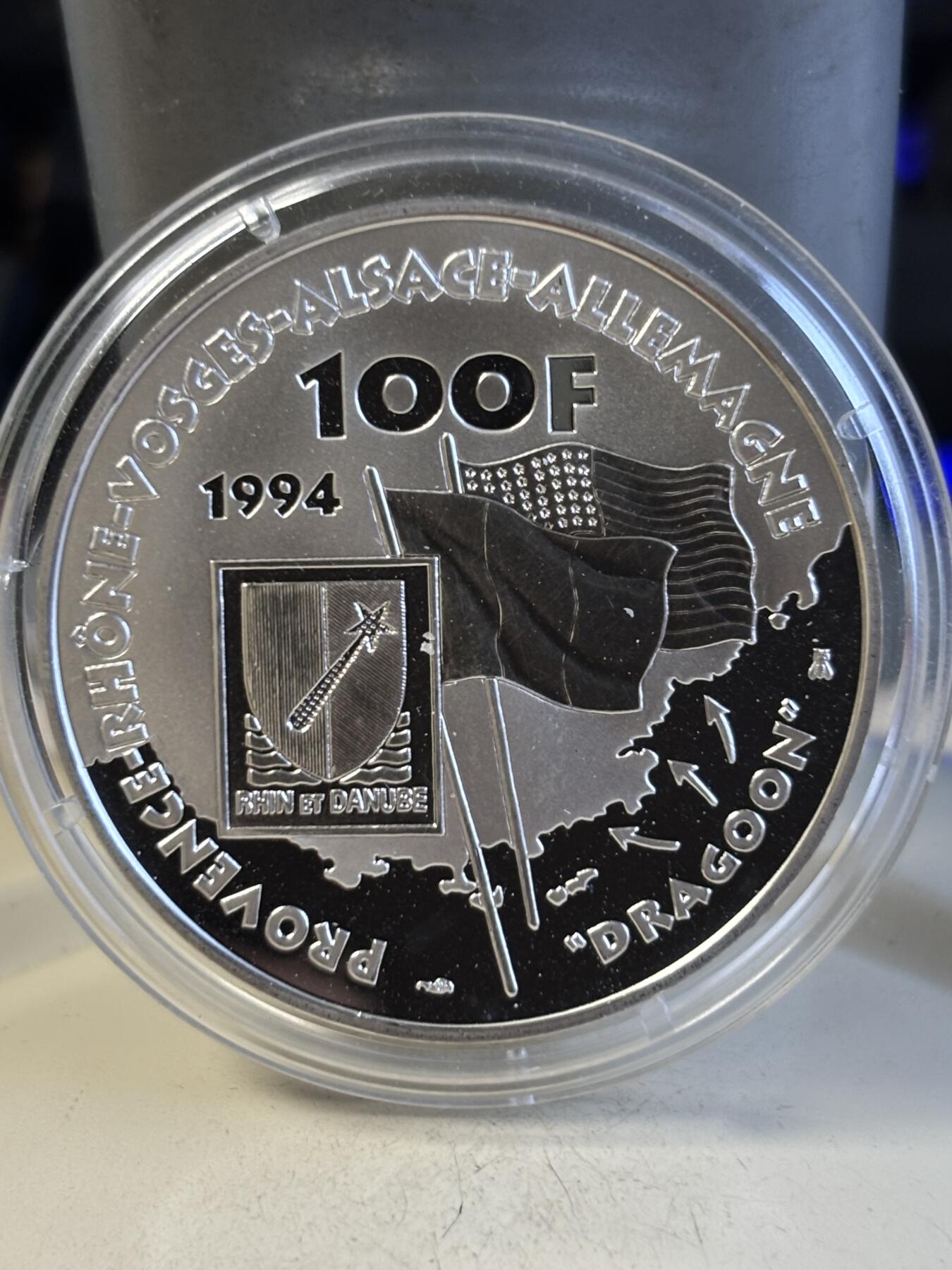 第194期拍卖 法国1994年二战胜利50周年系列将领塔西尼纪念银币，900银，发行30000枚，22.2克