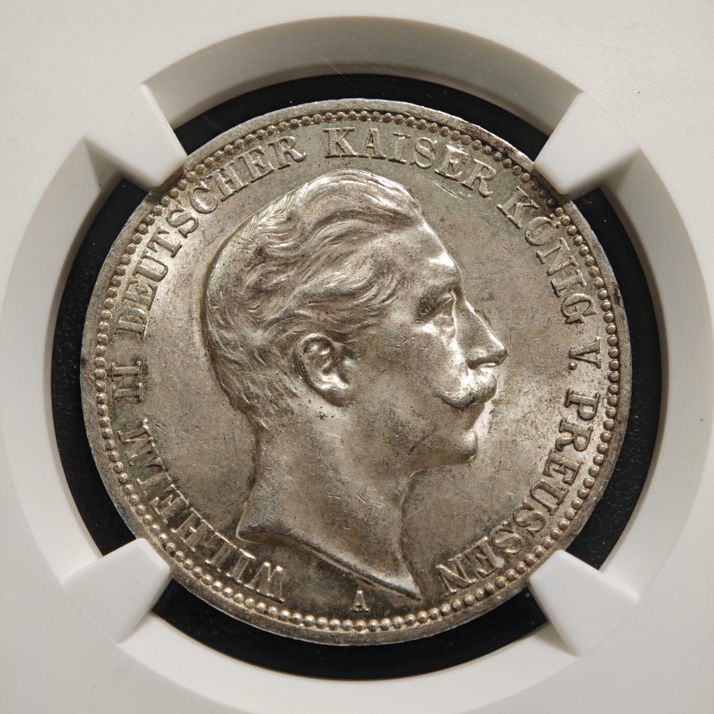 【德藏】世界币章拍卖第168期（拍品征集中~欢迎藏友联系） 1912年 德国普鲁士威廉二世3马克银币 NGC MS63 原光极强