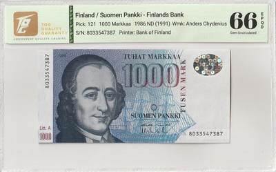 2026三月第三期，总第220期 - 芬兰1986A版1000马克TQG66epqd 被誉为“北欧经济学之父”的屈德纽斯 稀有的高面值
