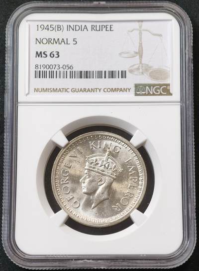 甄臻铺-世界币章拍卖（第55期），3月28日甄品场（直播拍卖）拍品征集中，送拍享返佣金等优惠多多 - NGC-MS63 1945年英属印度乔治六世卢比