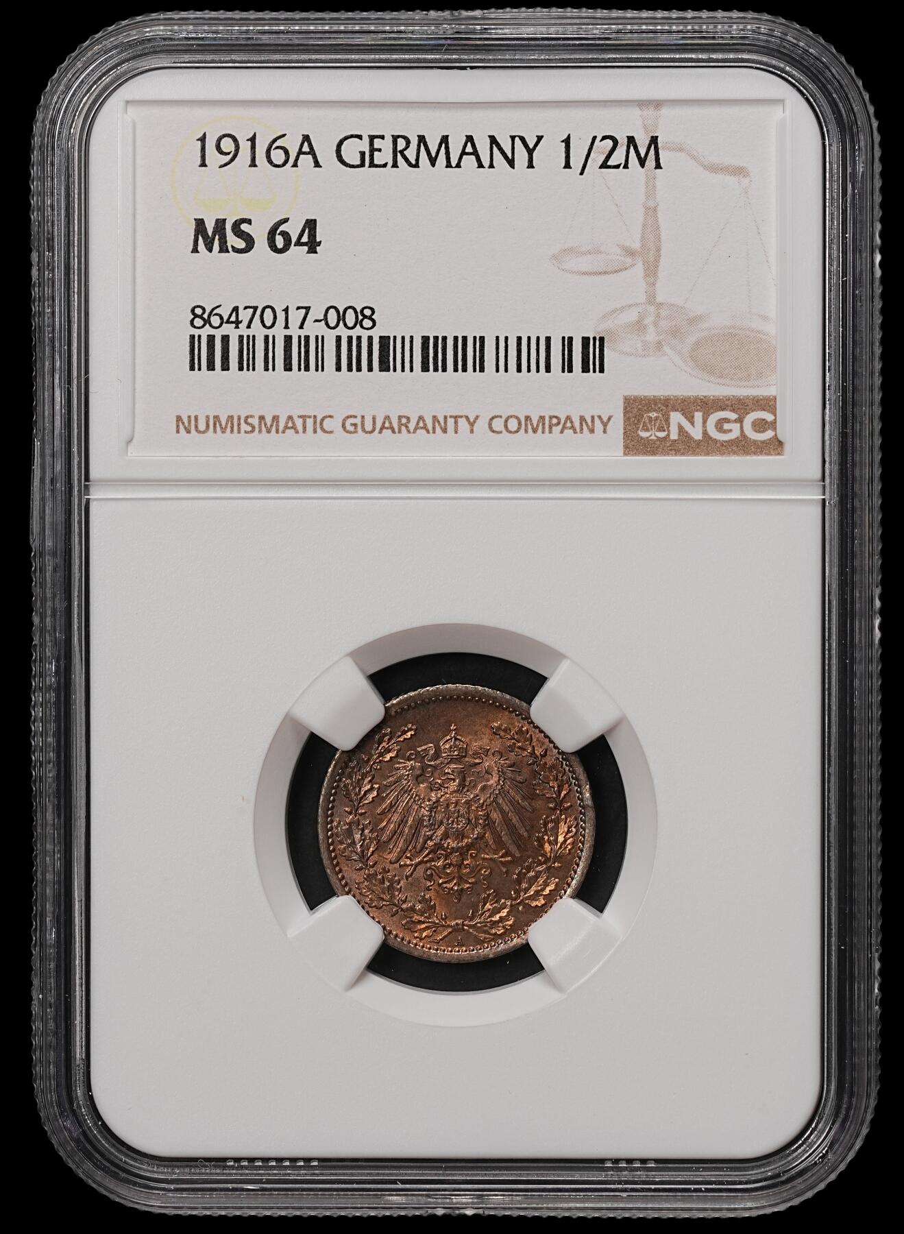 修遠堂世界钱币第108期 NGC MS64 1916年德国1/2马克银币，A厂铭，焦糖彩