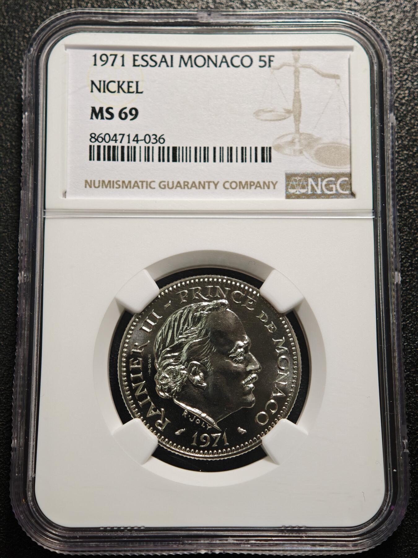 【德藏】世界币章拍卖第168期（拍品征集中~欢迎藏友联系） 1971年 摩纳哥5法郎镍质样币 NGC MS69 难得高分