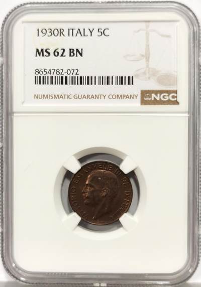 博洋堂世界钱币拍卖第165期（全场包邮） - NGC MS62BN 意大利1930年5分铜币
