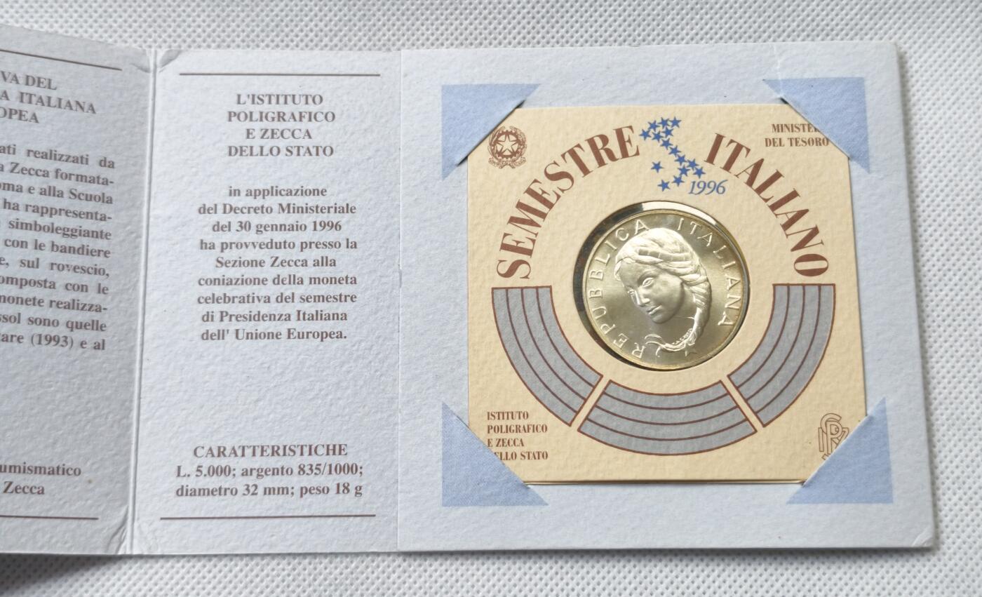 甄臻铺-世界币章拍卖（第55期），3月28日甄品场（直播拍卖）拍品征集中，送拍享返佣金等优惠多多 1996年意大利5000里拉银币，担任欧盟轮值主席，卡装