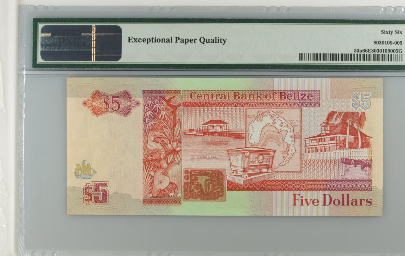 《艾美收藏》第237期-3.22周日外币强钞白金场 伯利兹1990年少见初版AA冠5镑PMG66E乱蛇号 Pick#53a初版难得