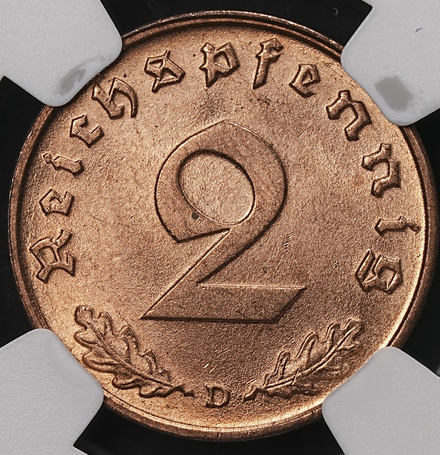修遠堂世界钱币第108期 NGC MS65RD 1939年德国2芬尼铜币 RD难得 D厂铭